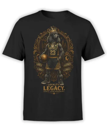 Black unisex t-shirt with regal poodle basketball king illustration in gold and loyalty legacy slogan inside an ornate frame