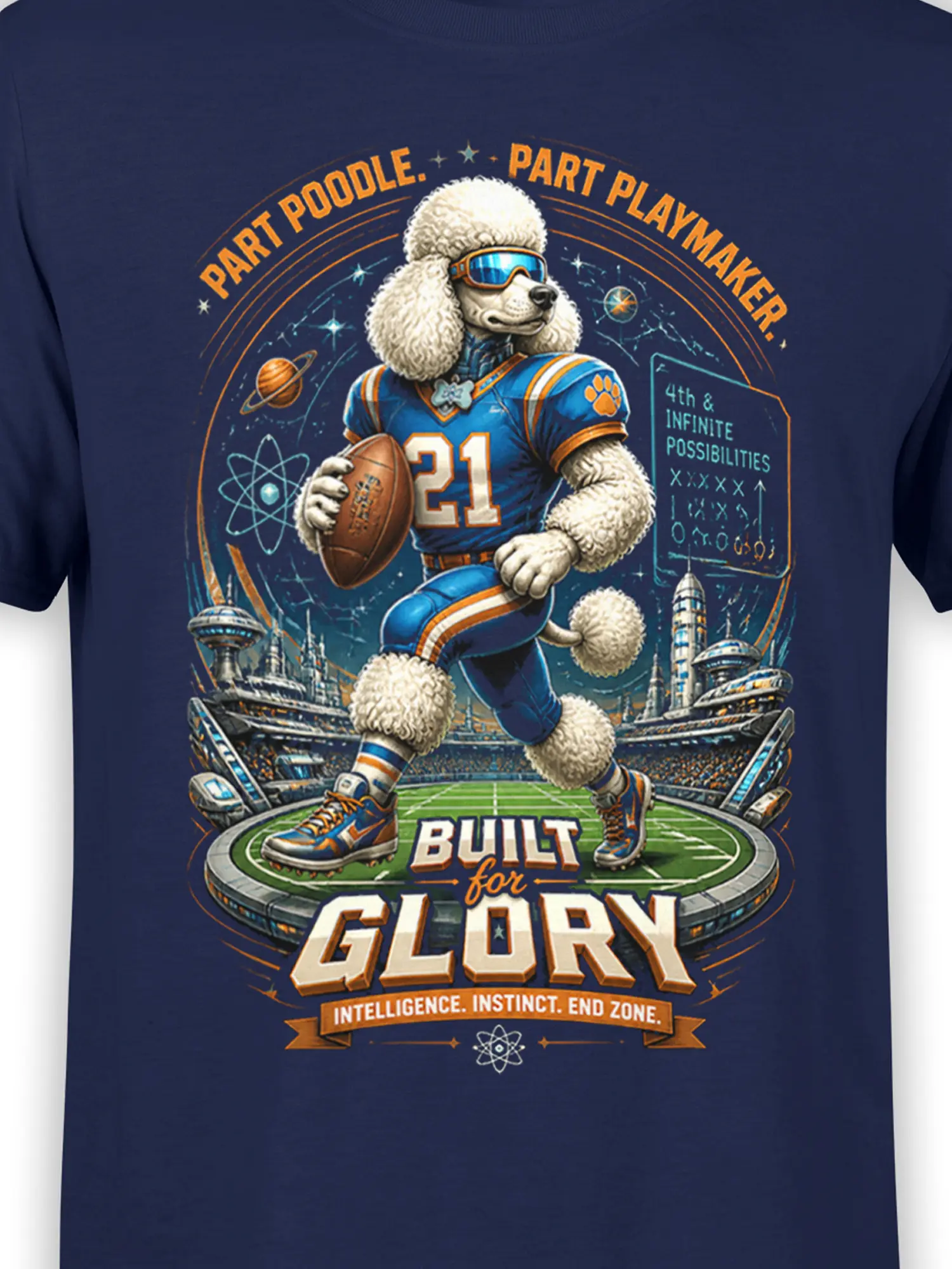 close-up of poodle quarterback graphic with football, jersey details, and space background on navy cotton fabric