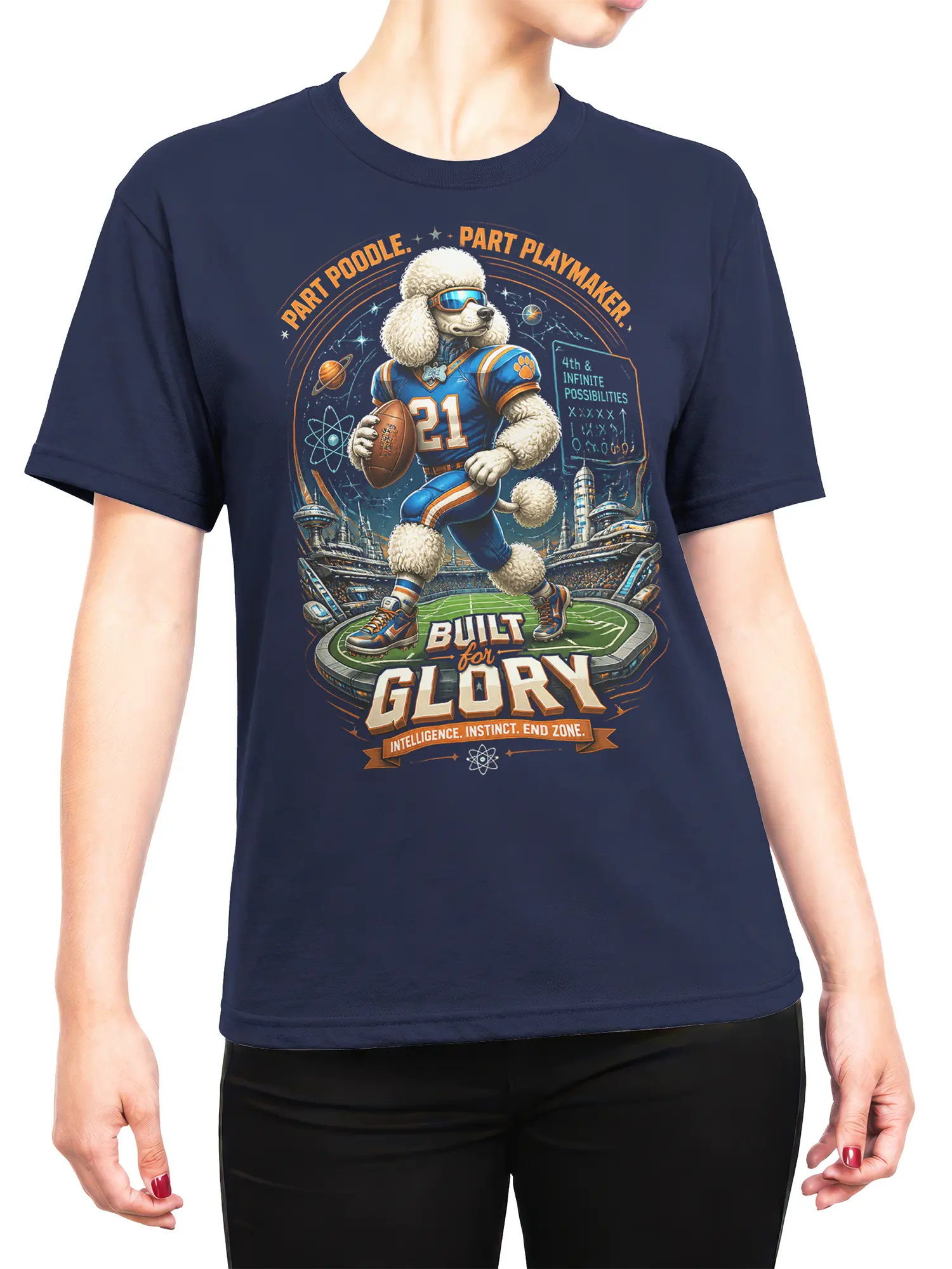 female model wearing navy poodle quarterback football graphic tee with futuristic stadium artwork