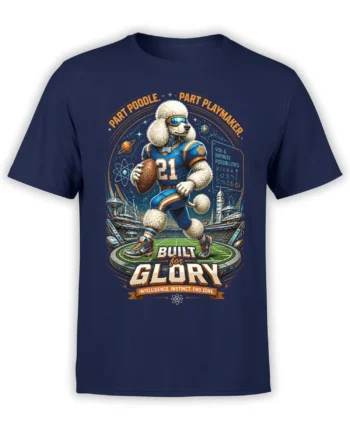 navy unisex t-shirt with a detailed poodle quarterback running on a sci-fi football field under planets and atoms