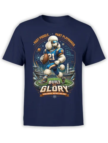 navy unisex t-shirt with a detailed poodle quarterback running on a sci-fi football field under planets and atoms