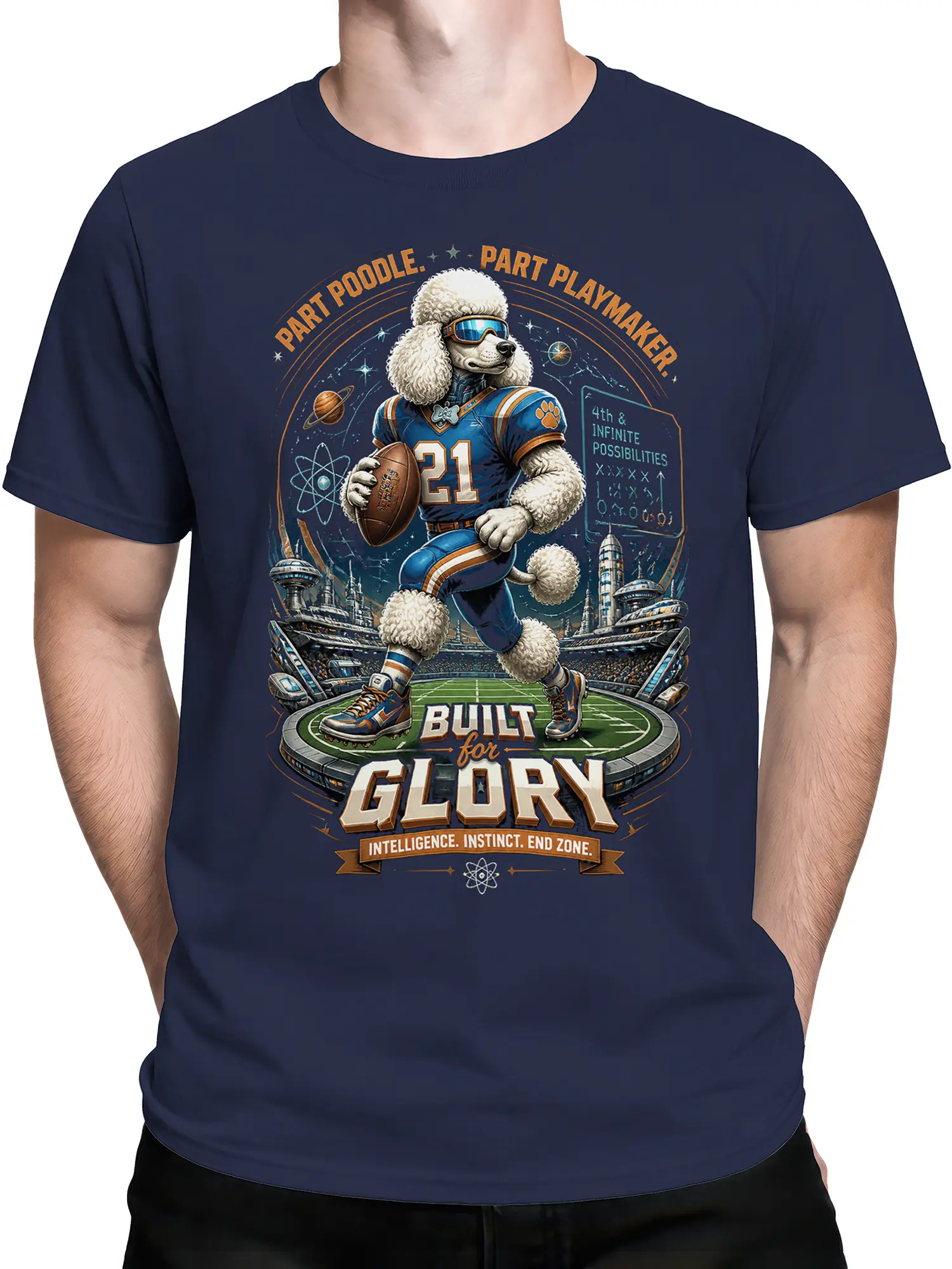 male model wearing navy poodle quarterback sci-fi football t-shirt with bold game day design