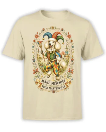 Beige unisex shirt with vintage-style jester poodle framed by flowers and castles and the motto “Make Mischief Your Masterpiece”