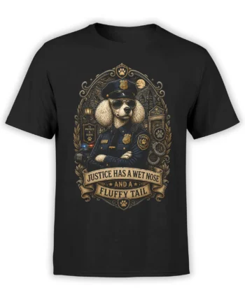 Black unisex t-shirt featuring a detailed police poodle graphic in uniform with a vintage frame and the text “Justice has a wet nose and a fluffy tail.”