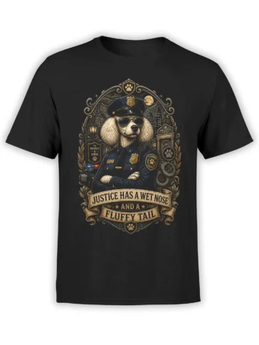 Black unisex t-shirt featuring a detailed police poodle graphic in uniform with a vintage frame and the text “Justice has a wet nose and a fluffy tail.”
