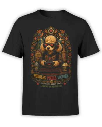 Black unisex T-shirt with a gamer poodle wearing headset and pixel heart sunglasses, framed by colorful folk-art gaming details.