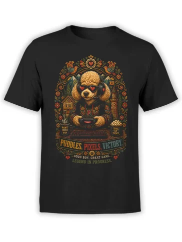 Black unisex T-shirt with a gamer poodle wearing headset and pixel heart sunglasses, framed by colorful folk-art gaming details.