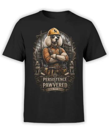 black unisex t-shirt with poodle construction worker graphic and Persistence is Pawvered slogan in front of a detailed build site