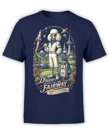 navy unisex t-shirt featuring a poodle astronaut golfer on a space fairway with rocket, planets, and Drive Beyond the Fairway slogan