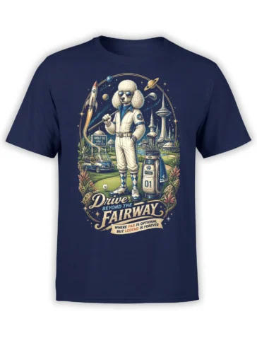 navy unisex t-shirt featuring a poodle astronaut golfer on a space fairway with rocket, planets, and Drive Beyond the Fairway slogan