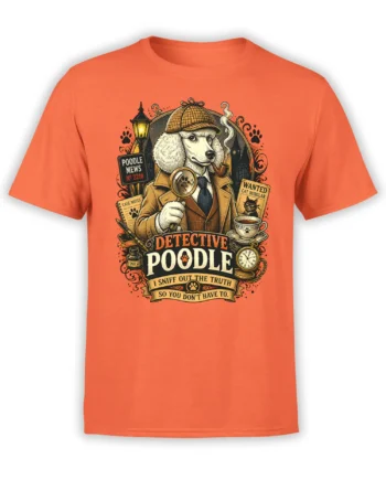 Orange unisex T-shirt featuring a vintage detective poodle graphic with magnifying glass, pipe, tea cup, and cat burglar wanted poster details.