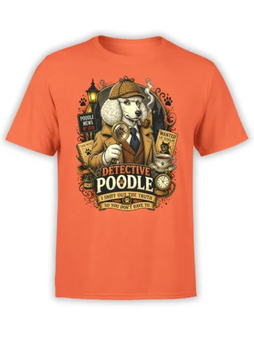 Orange unisex T-shirt featuring a vintage detective poodle graphic with magnifying glass, pipe, tea cup, and cat burglar wanted poster details.