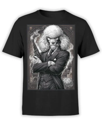 Black unisex T-shirt with detailed gangster poodle in a suit, holding a revolver and cigar inside an ornate smoky frame design