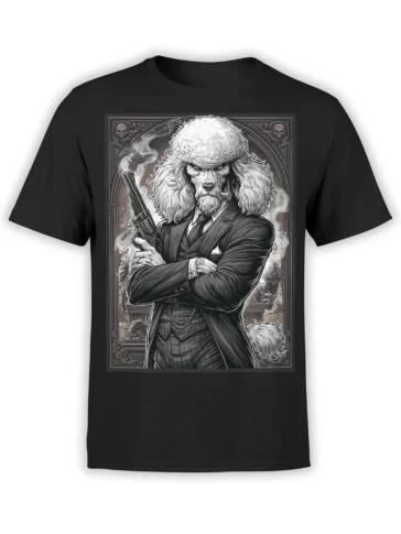 Black unisex T-shirt with detailed gangster poodle in a suit, holding a revolver and cigar inside an ornate smoky frame design