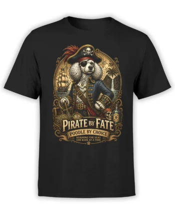 Black unisex t-shirt featuring a detailed vintage pirate poodle illustration with treasure chest, ship, skull, and ornate frame