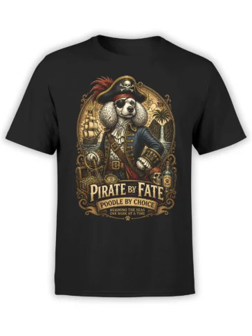 Black unisex t-shirt featuring a detailed vintage pirate poodle illustration with treasure chest, ship, skull, and ornate frame