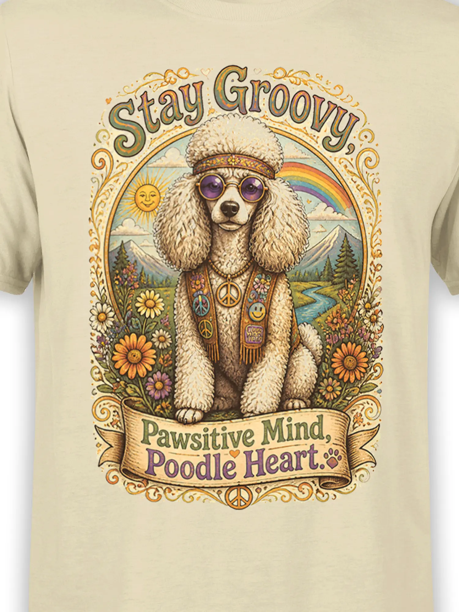 close-up of hippie poodle graphic with sunglasses, peace jewelry, flowers, and pawsitive mind poodle heart text on beige shirt
