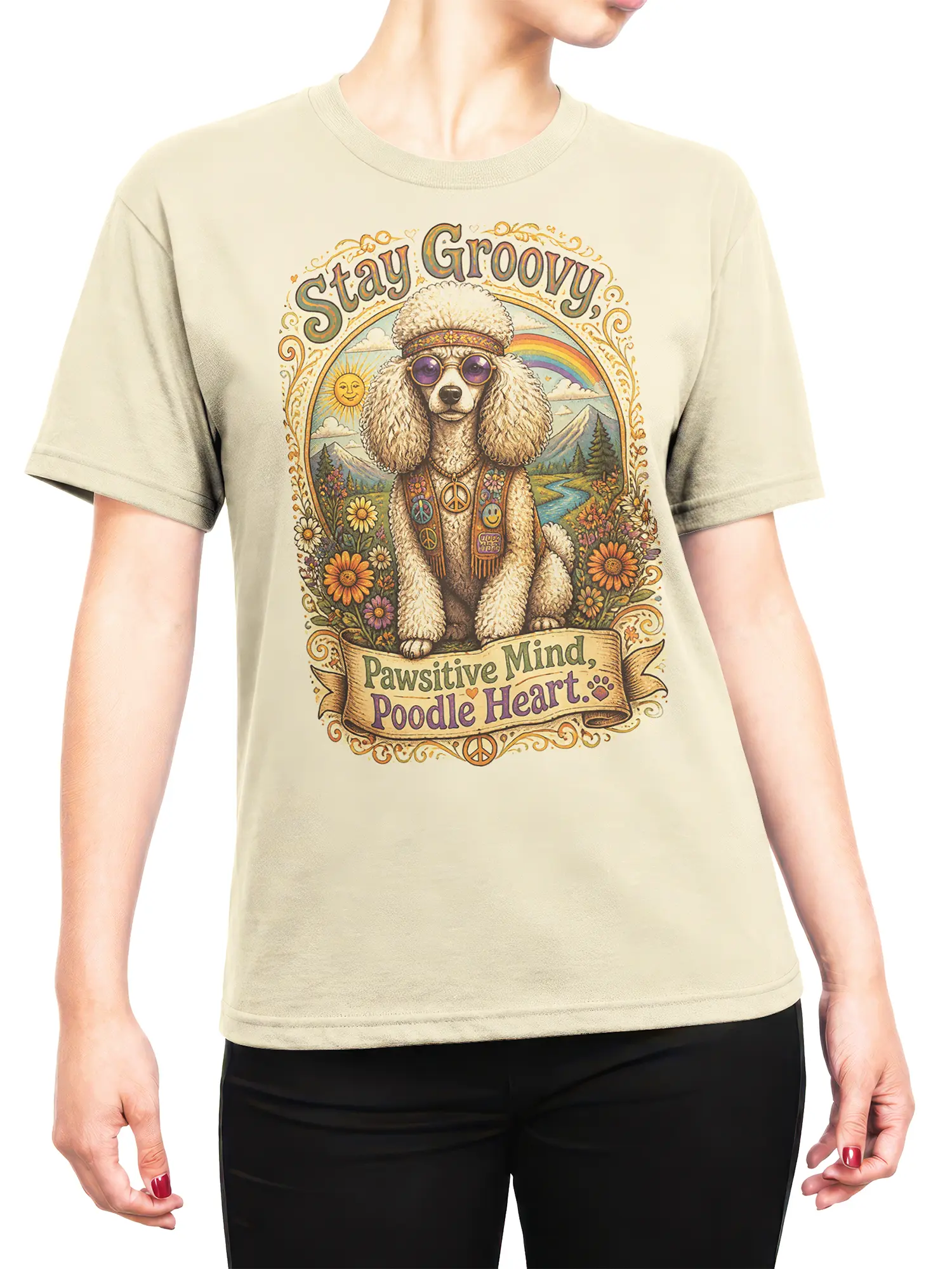female model wearing beige hippie poodle t-shirt with peace signs, flowers, and rainbow graphic