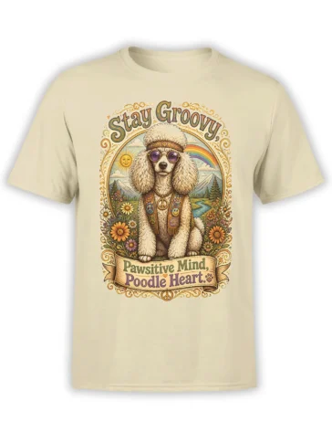 front view of beige unisex t-shirt with retro hippie poodle, peace signs, flowers, and rainbow plus stay groovy text