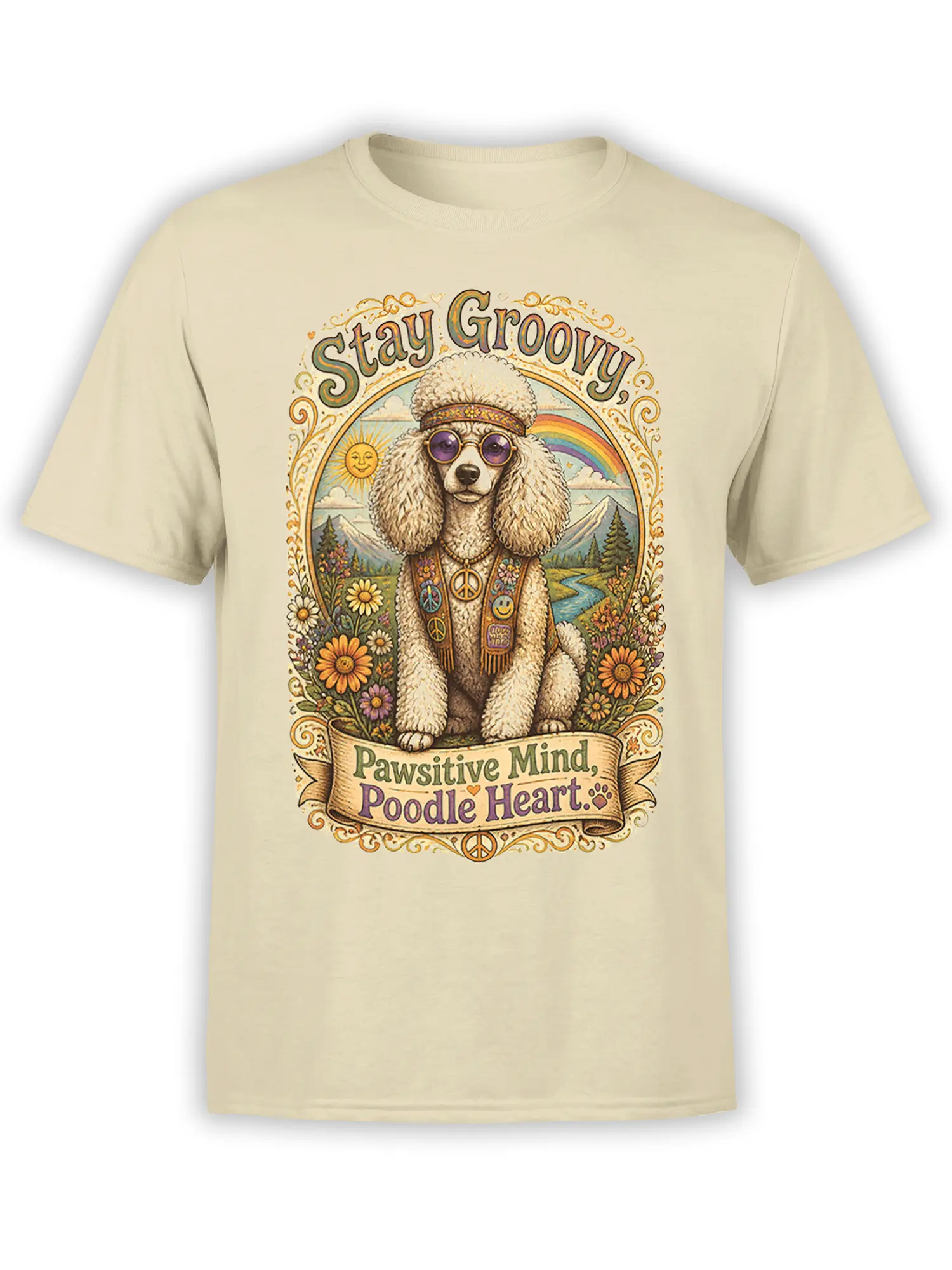 front view of beige unisex t-shirt with retro hippie poodle, peace signs, flowers, and rainbow plus stay groovy text