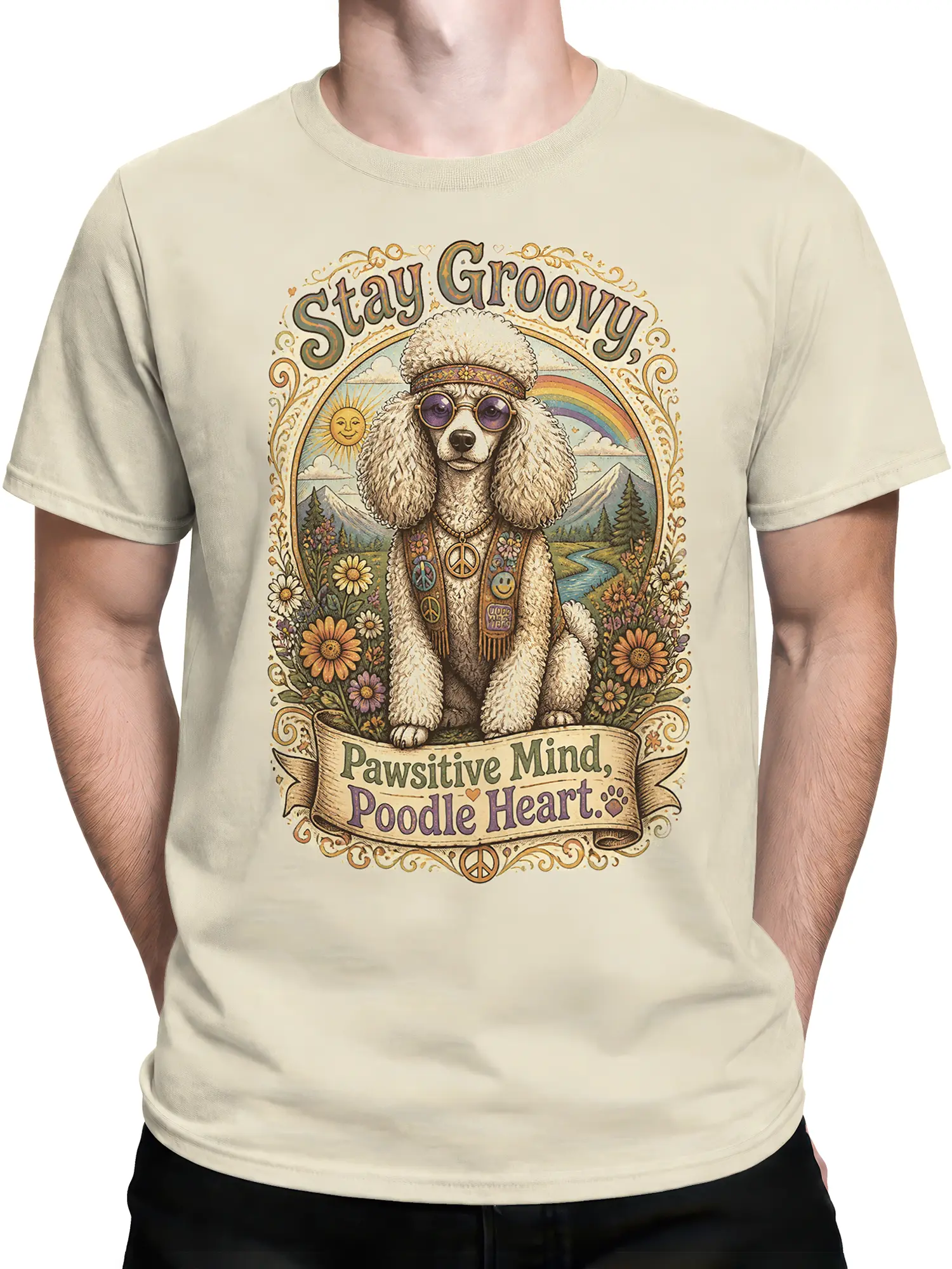 male model wearing beige poodle t-shirt with retro hippie design and stay groovy slogan