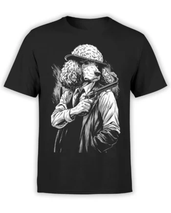 Black unisex T-shirt showing a detailed black and white gangster poodle in a suit and fedora, holding a revolver in bold noir style