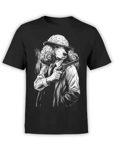 Black unisex T-shirt showing a detailed black and white gangster poodle in a suit and fedora, holding a revolver in bold noir style