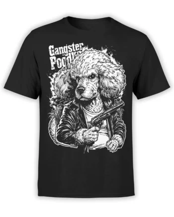 black unisex t-shirt with detailed black and white gangster poodle graphic holding a revolver in a leather jacket