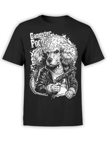 black unisex t-shirt with detailed black and white gangster poodle graphic holding a revolver in a leather jacket
