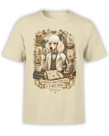 beige unisex t-shirt with detailed poodle biologist nature lab graphic and curiosity quote in a vintage illustrated style