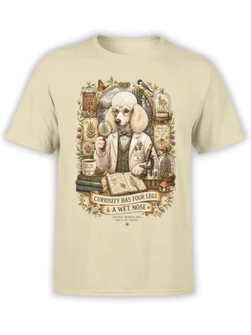 beige unisex t-shirt with detailed poodle biologist nature lab graphic and curiosity quote in a vintage illustrated style