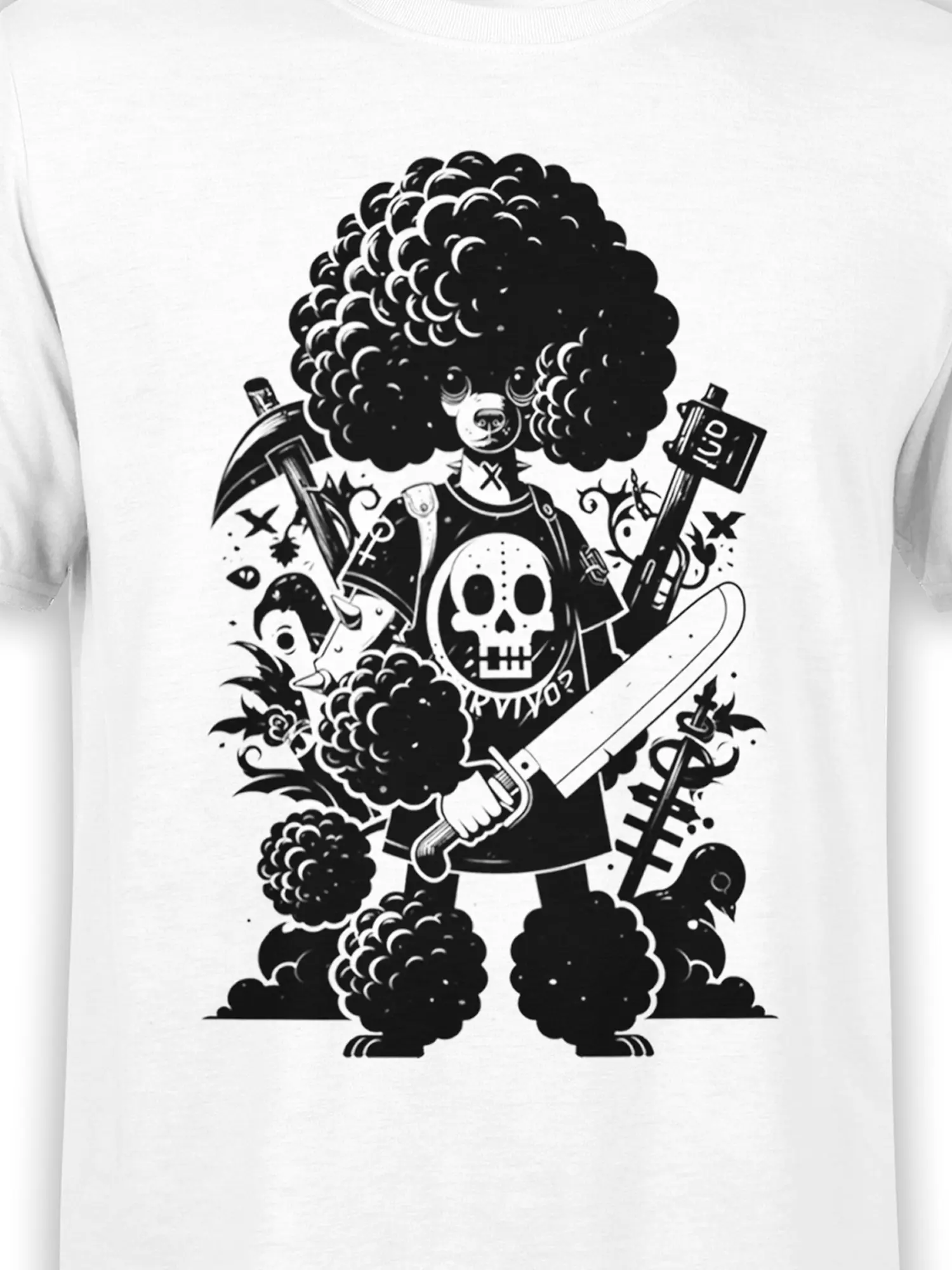 close-up of warrior poodle graphic showing afro texture, skull armor, and sword on white cotton fabric