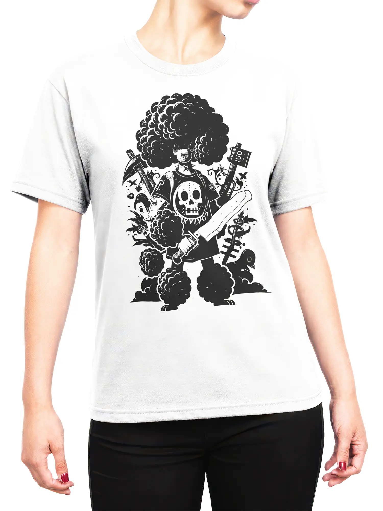 female model wearing white warrior poodle t-shirt with black skull armor dog illustration