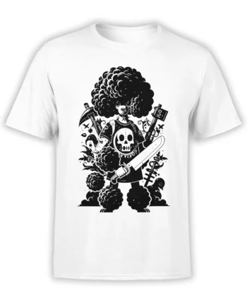 front view of white unisex t-shirt with black warrior poodle graphic, afro curls, skull armor, and weapons in bold cartoon style