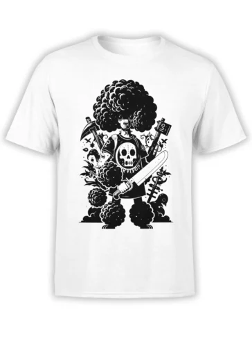 front view of white unisex t-shirt with black warrior poodle graphic, afro curls, skull armor, and weapons in bold cartoon style