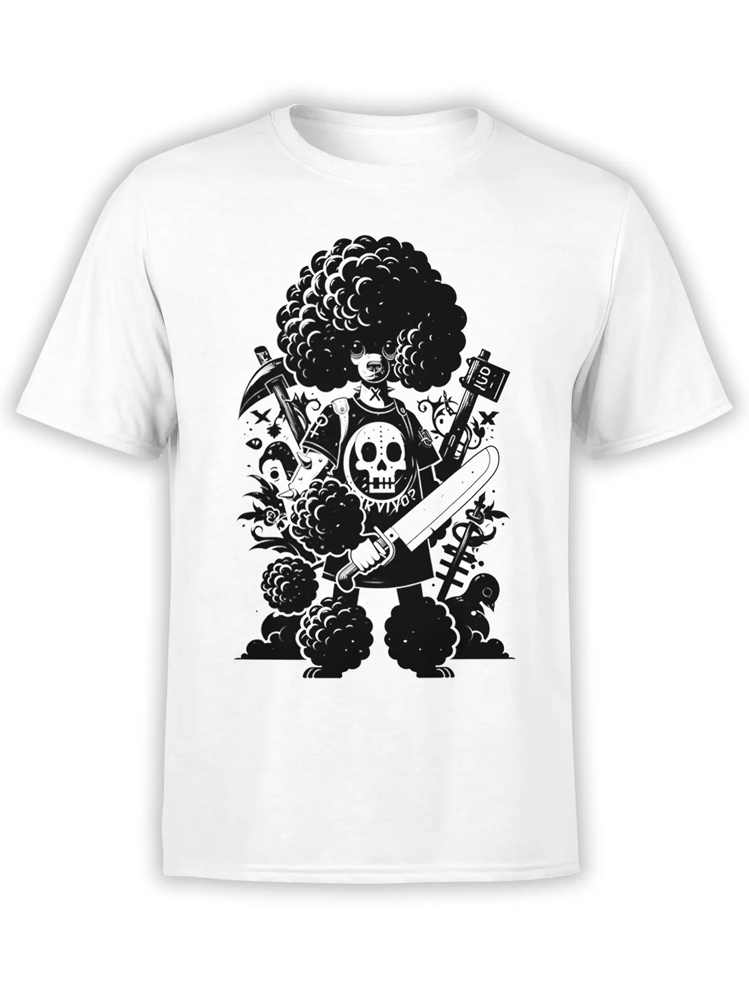 front view of white unisex t-shirt with black warrior poodle graphic, afro curls, skull armor, and weapons in bold cartoon style