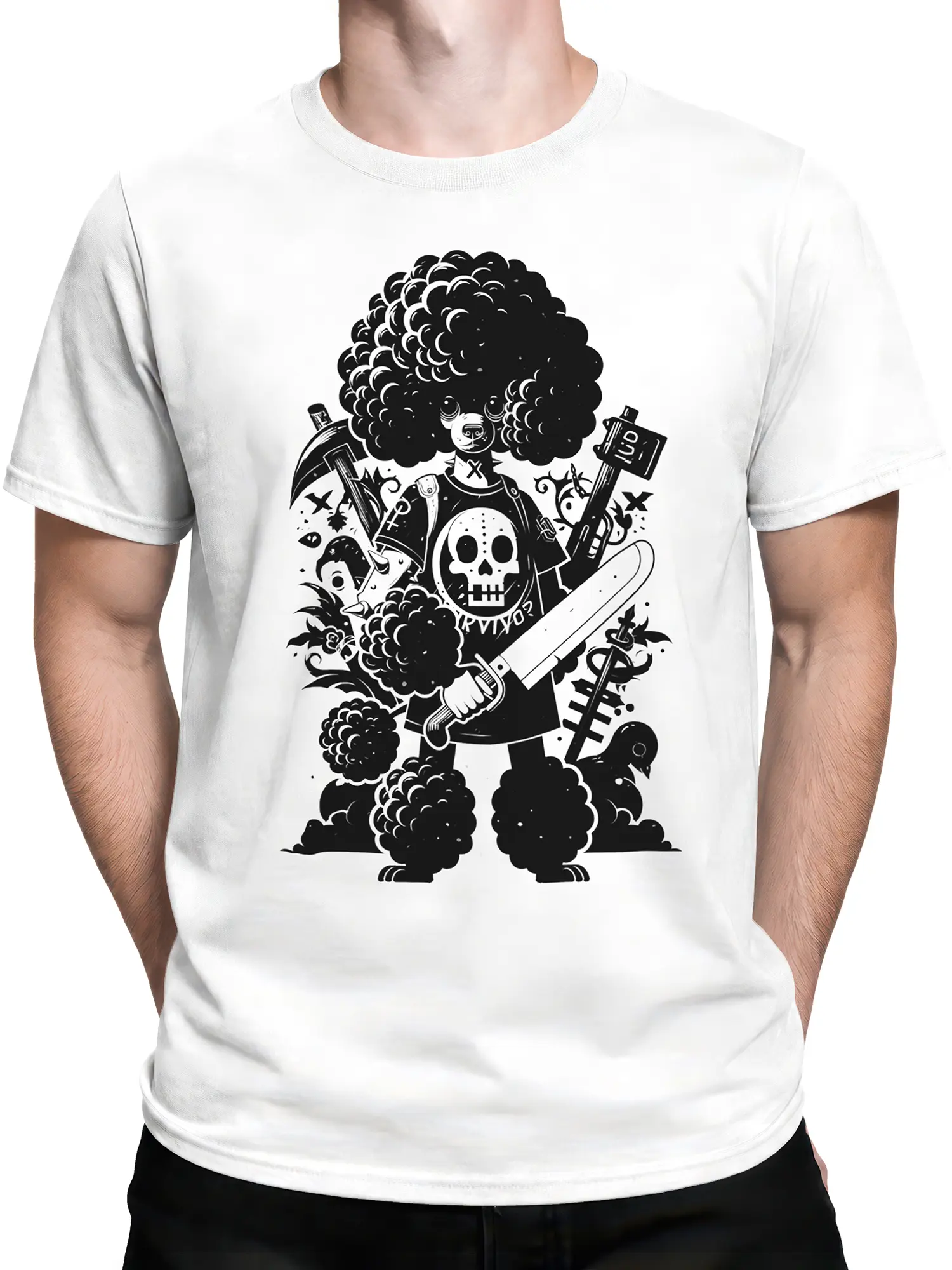 male model in white warrior poodle t-shirt with bold black afro dog and skull armor print
