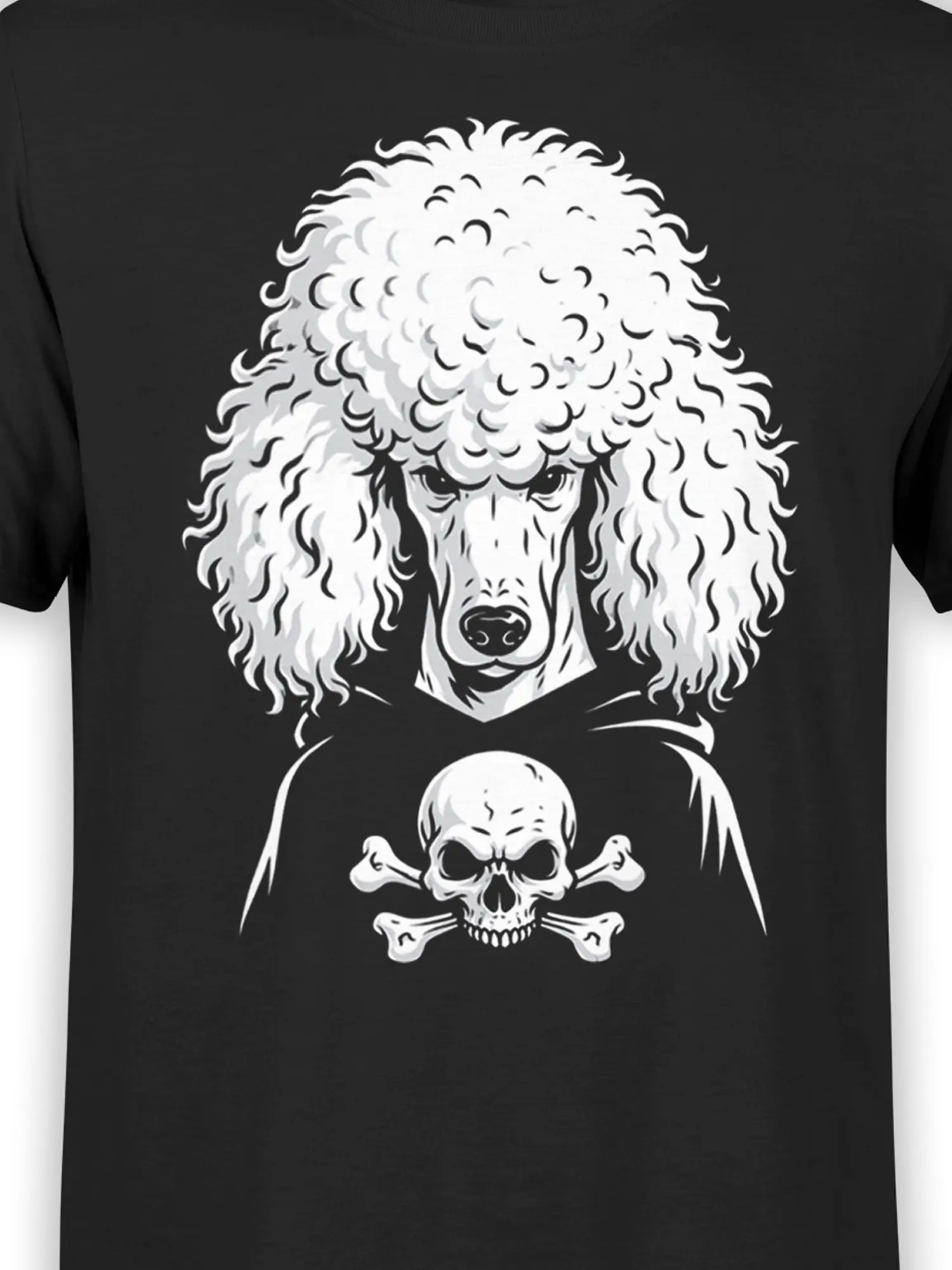 close-up of white poodle and skull and crossbones graphic printed on black cotton shirt