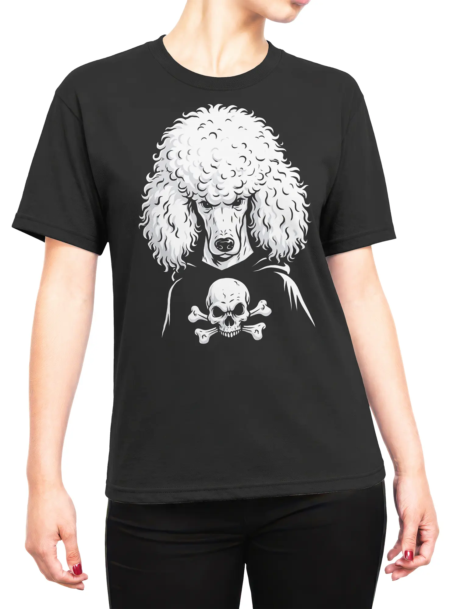 female model wearing black poodle shirt with white skull and crossbones design on front
