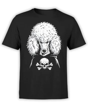 black unisex t-shirt with white gothic poodle head above a skull and crossbones graphic on the chest