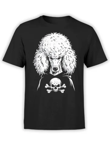 black unisex t-shirt with white gothic poodle head above a skull and crossbones graphic on the chest
