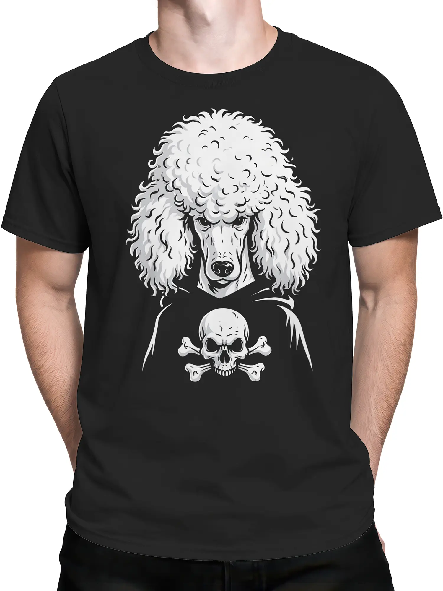 male model wearing black gothic poodle t-shirt with skull and crossbones graphic