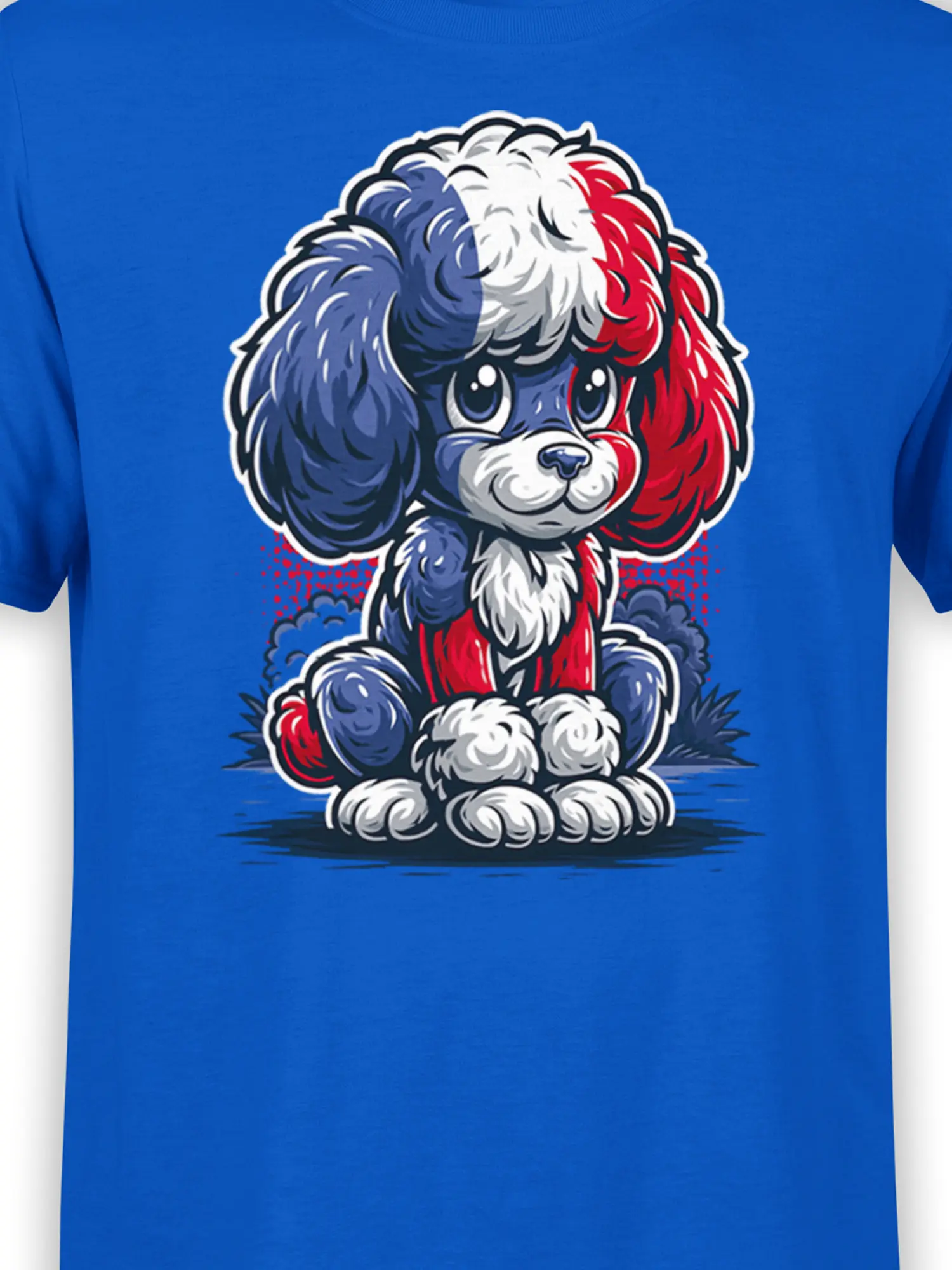 close-up of red white and blue poodle puppy illustration printed on blue cotton T-shirt