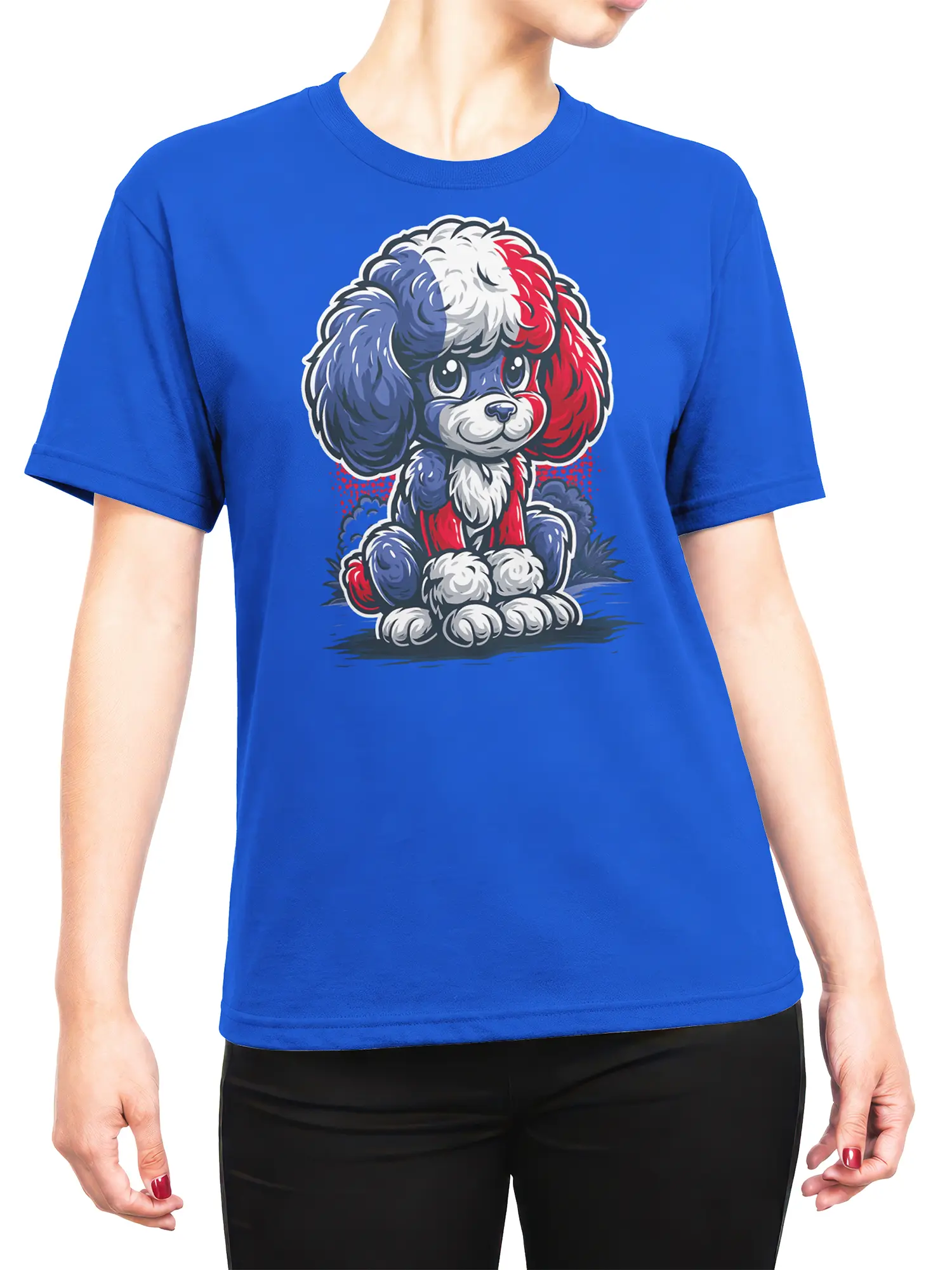 female model wearing blue T-shirt with red white and blue poodle puppy graphic