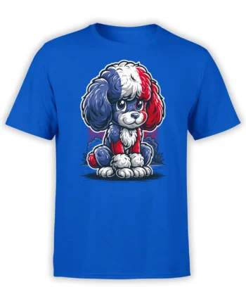 blue unisex T-shirt with a cute red white and blue poodle puppy graphic sitting centered on the chest