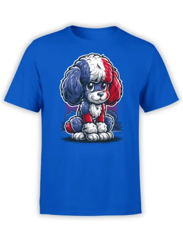 blue unisex T-shirt with a cute red white and blue poodle puppy graphic sitting centered on the chest