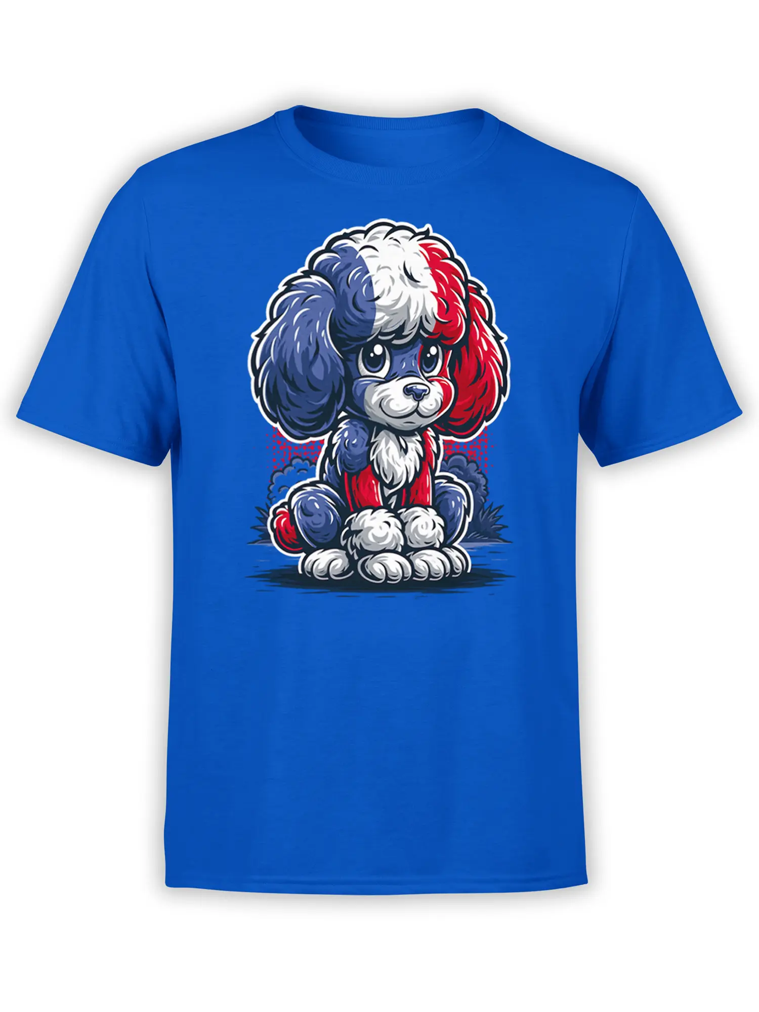 blue unisex T-shirt with a cute red white and blue poodle puppy graphic sitting centered on the chest