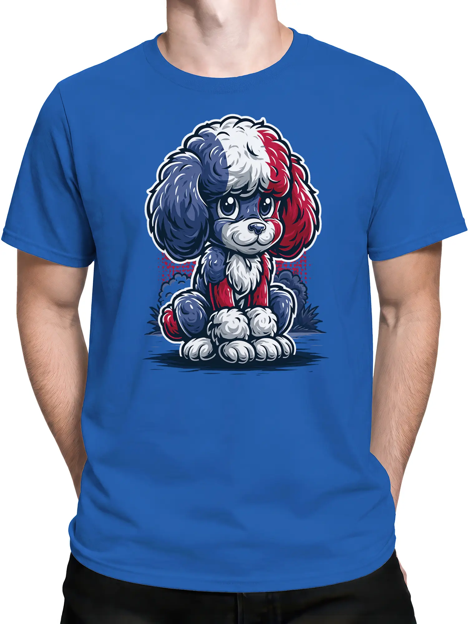 male model wearing blue T-shirt featuring cute red white and blue poodle puppy graphic