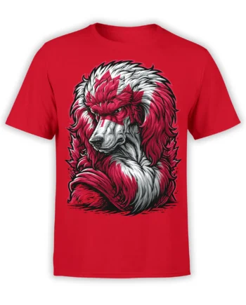 front view of red unisex t-shirt with fierce red and white poodle head and maple-leaf fur artwork