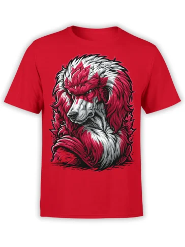 front view of red unisex t-shirt with fierce red and white poodle head and maple-leaf fur artwork